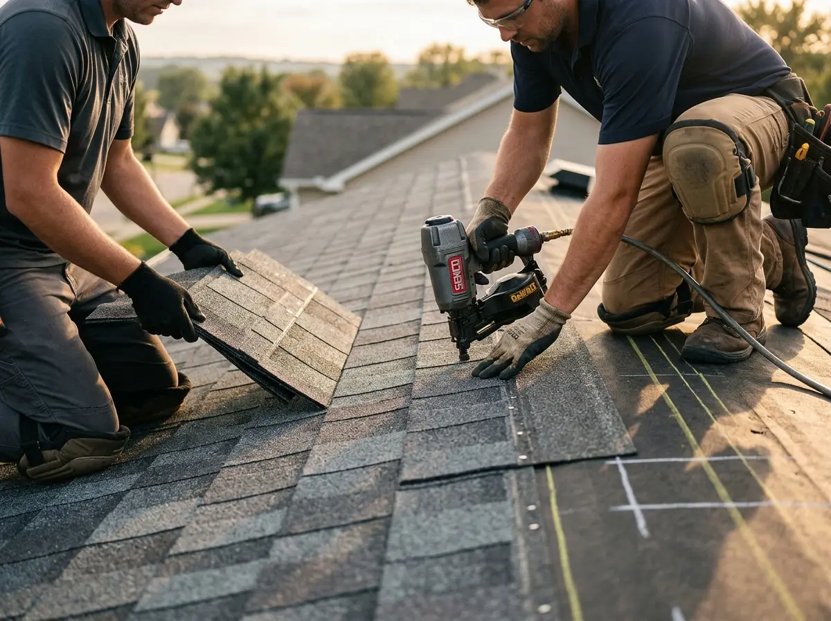 Professional roofer working on a residential roof in Teaneck